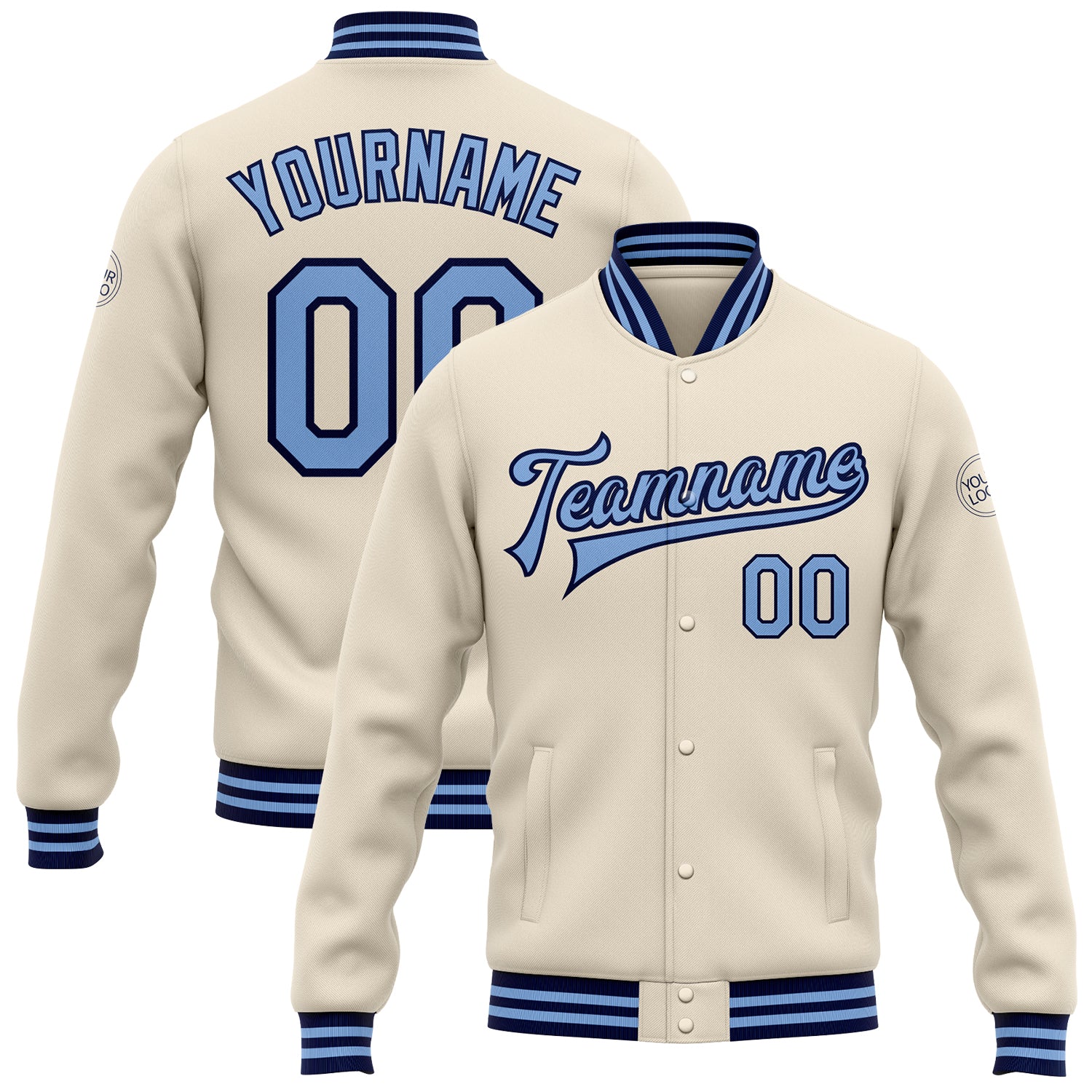 Custom Name and Number Navy Light Blue Bomber Jacket Personalized Varsity Full-Snap Letterman Coat Personalized Cream Light