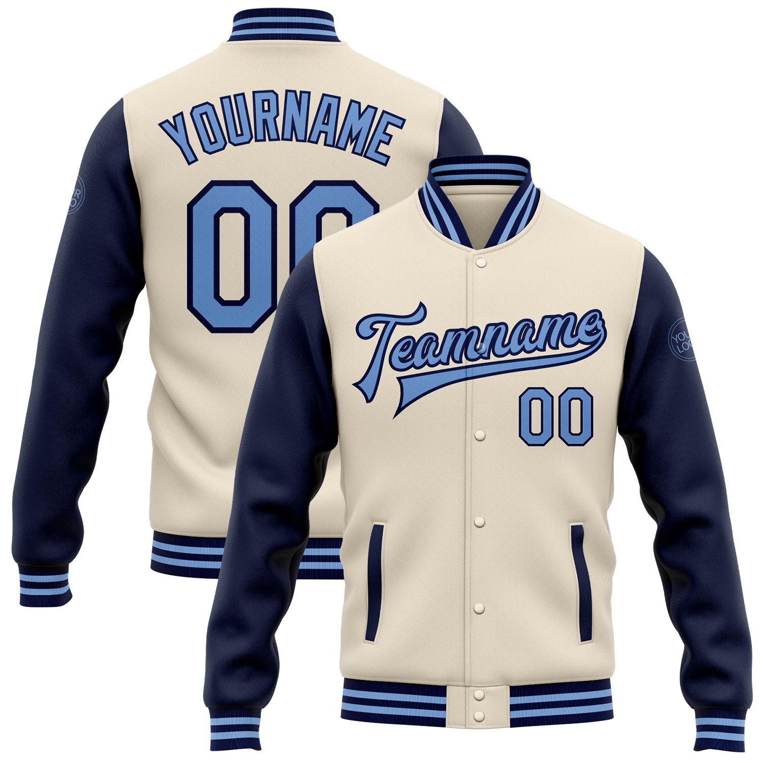Custom Two Tone Light Blue Navy Bomber Jacket Full-Snap Varsity Letterman Personalized Cream Light Blue-Navy Bomber Full-Snap