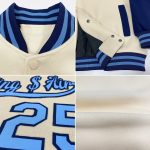 Custom Two Tone Light Blue Navy Bomber Jacket Full-Snap Varsity Letterman Personalized Cream Light Blue-Navy Bomber Full-Snap