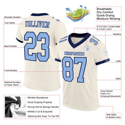Custom Name and Number Authentic Football Jersey - Personalized Light Blue-Navy Mesh Team Jersey Personalized Cream Light