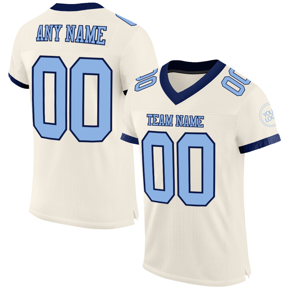 Personalized Light Blue Navy Football Jersey Mesh for Kids and Adults Personalized Cream Light Blue-Navy Mesh Football Jersey