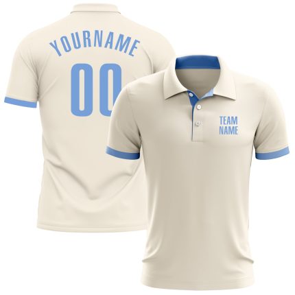 Custom Team Name Number Golf Polo Shirt - Personalized Cream Light Blue Performance Personalized Cream Light Blue Performance
