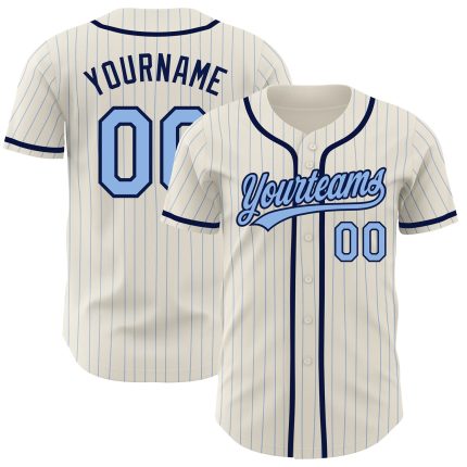 Custom Baseball Jersey Personalized with Name and Number, Light Blue Pinstripe and Navy Design Personalized Cream Light Blue