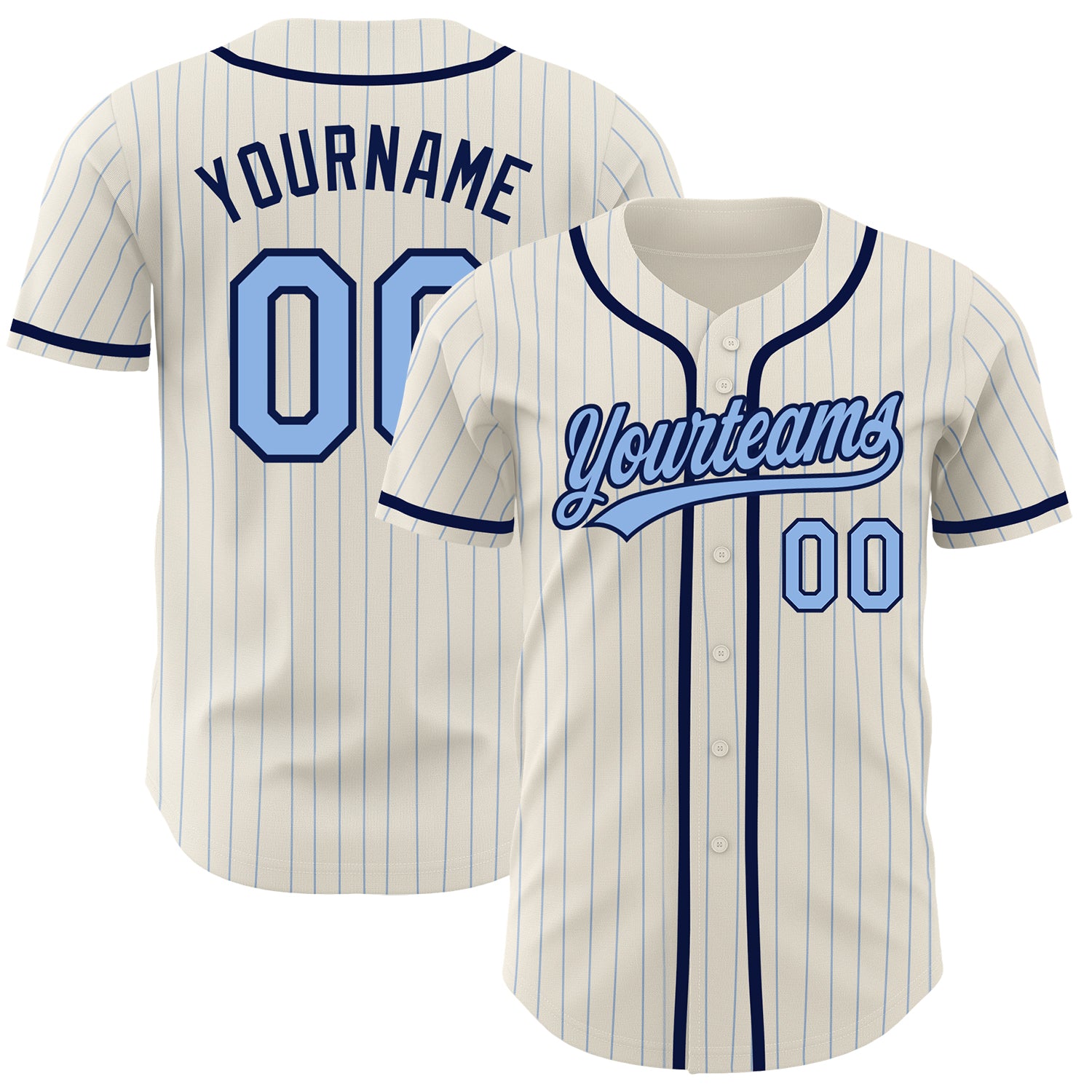 Custom Baseball Jersey Personalized with Name and Number, Light Blue Pinstripe and Navy Design Personalized Cream Light Blue