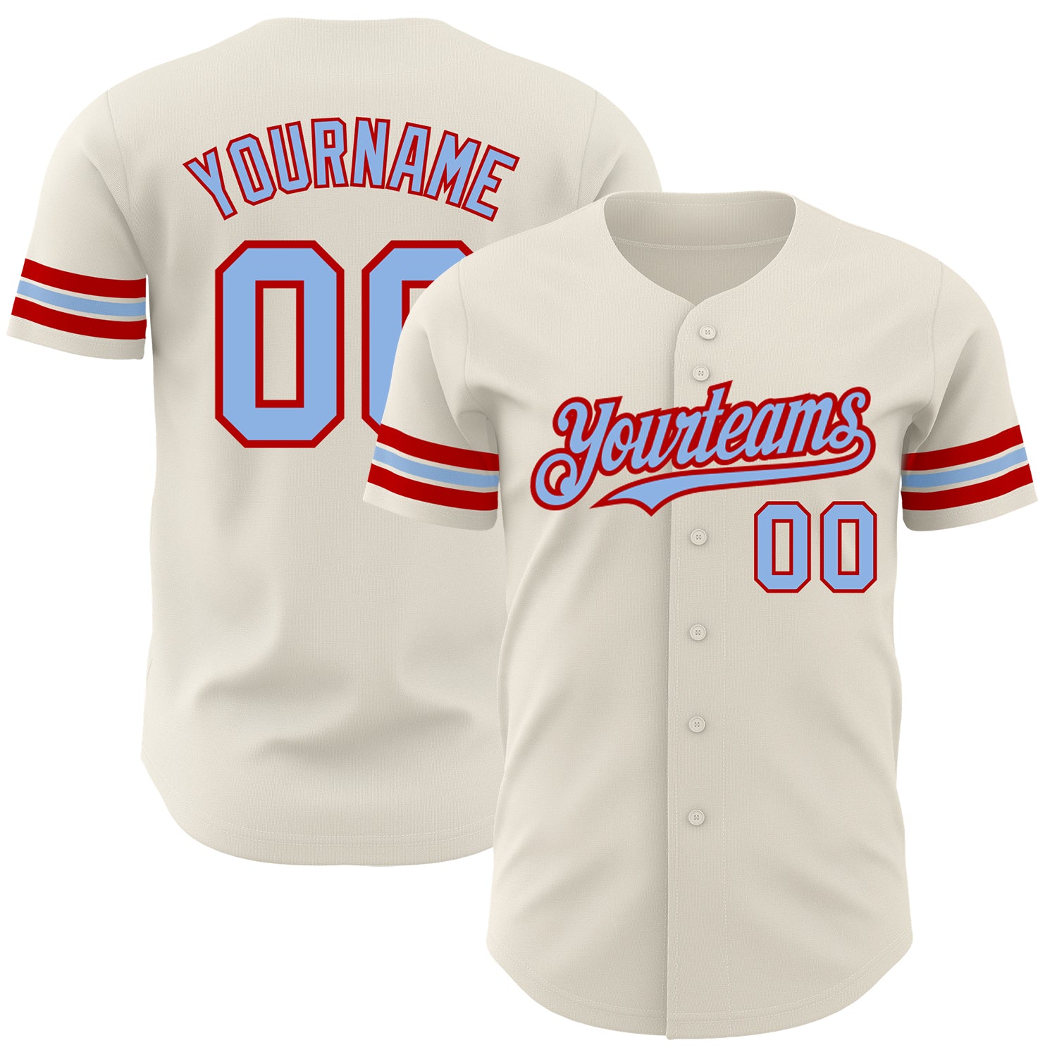 Personalized Authentic Baseball Jersey in Cream Light Blue-Red Color Personalized Cream Light Blue-Red Authentic Baseball