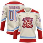 Personalized Light Blue Red Hockey Jersey with Lace Neck - Customizable Sports Apparel Personalized Cream Light Blue-Red