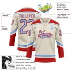 Personalized Light Blue Red Hockey Jersey with Lace Neck - Customizable Sports Apparel Personalized Cream Light Blue-Red