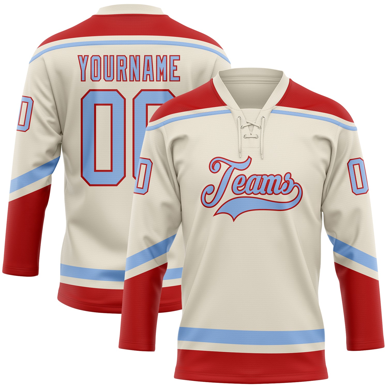 Custom Name and Number Personalized Hockey Jersey Light Blue Red Cream Lace Neck Personalized Cream Light Blue-Red Hockey