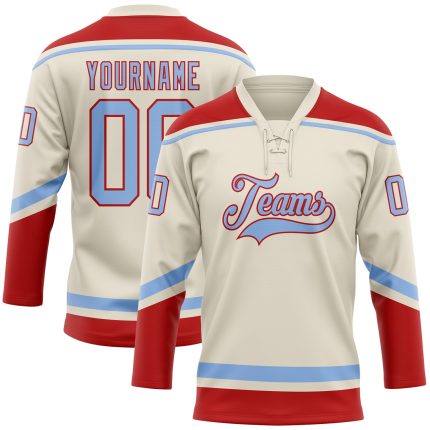 Personalized Light Blue Red Hockey Jersey with Lace Neck - Customizable Sports Apparel Personalized Cream Light Blue-Red