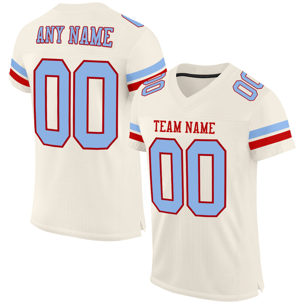 Custom Light Blue-Red Mesh Football Jersey with Personalized Name and Number - Authentic Team Gear Personalized Cream Light