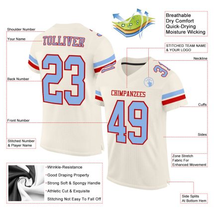 Custom Light Blue-Red Mesh Football Jersey with Personalized Name and Number - Authentic Team Gear Personalized Cream Light