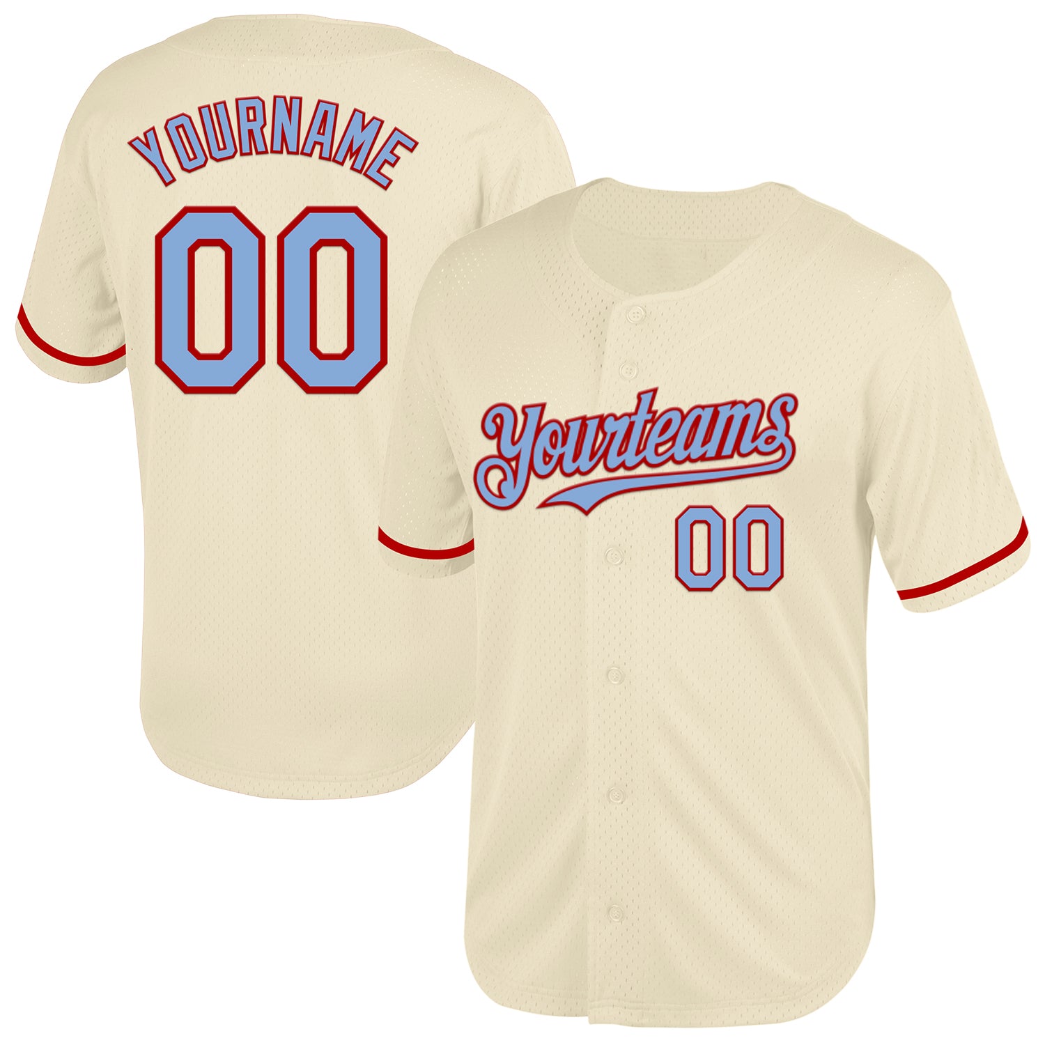 Customizable Light Blue Red Mesh Baseball Jersey with Personalized Name & Number - Authentic Throwback Style Personalized