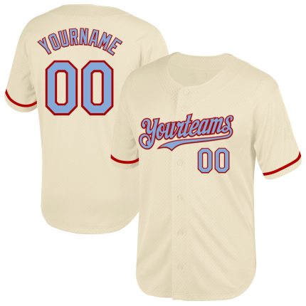 Personalized Light Blue Red Mesh Baseball Jersey - Throwback Style Personalized Cream Light Blue-Red Mesh Throwback Baseball