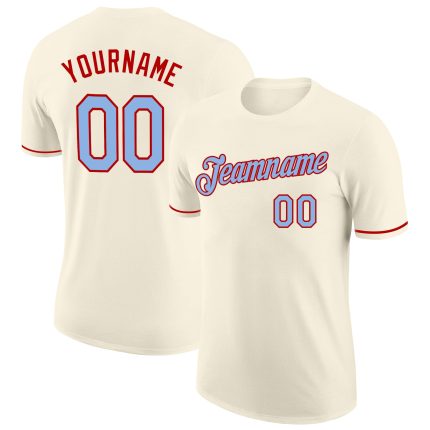 Custom Team T-Shirt with Name and Number - Personalized Light Blue-Red Performance Tee Personalized Cream Light Blue-Red
