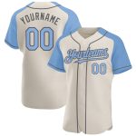 Customizable Blue and Gray Baseball Jersey with Personalized Name and Number - Authentic Raglan Sleeves Personalized Cream