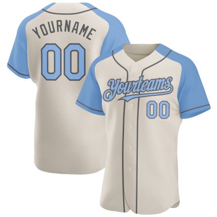 Customizable Blue and Gray Baseball Jersey with Personalized Name and Number - Authentic Raglan Sleeves Personalized Cream