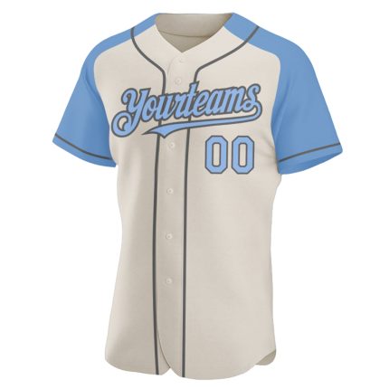 Customizable Blue and Gray Baseball Jersey with Personalized Name and Number - Authentic Raglan Sleeves Personalized Cream