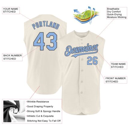 Custom Name and Number Personalized Baseball Jersey in Cream Light Blue and Steel Gray - Authentic Sleeveless Design Personalized
