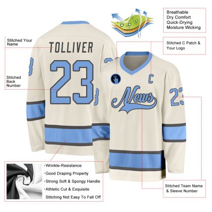 Custom Hockey Jersey with Personalized Name and Number - Cream Light Blue Steel Gray Personalized Cream Light Blue-Steel