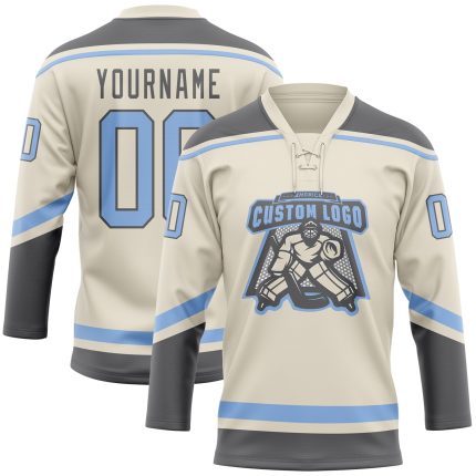 Custom Name and Number Hockey Jersey - Personalized Light Blue and Steel Gray Lace Neck Team Apparel Personalized Cream Light