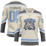Custom light blue and steel gray lace-neck hockey jersey, back view