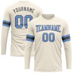Custom Team Name and Number Performance T-Shirt in Cream, Light Blue, and Steel Gray - Long Sleeve Design Personalized Cream
