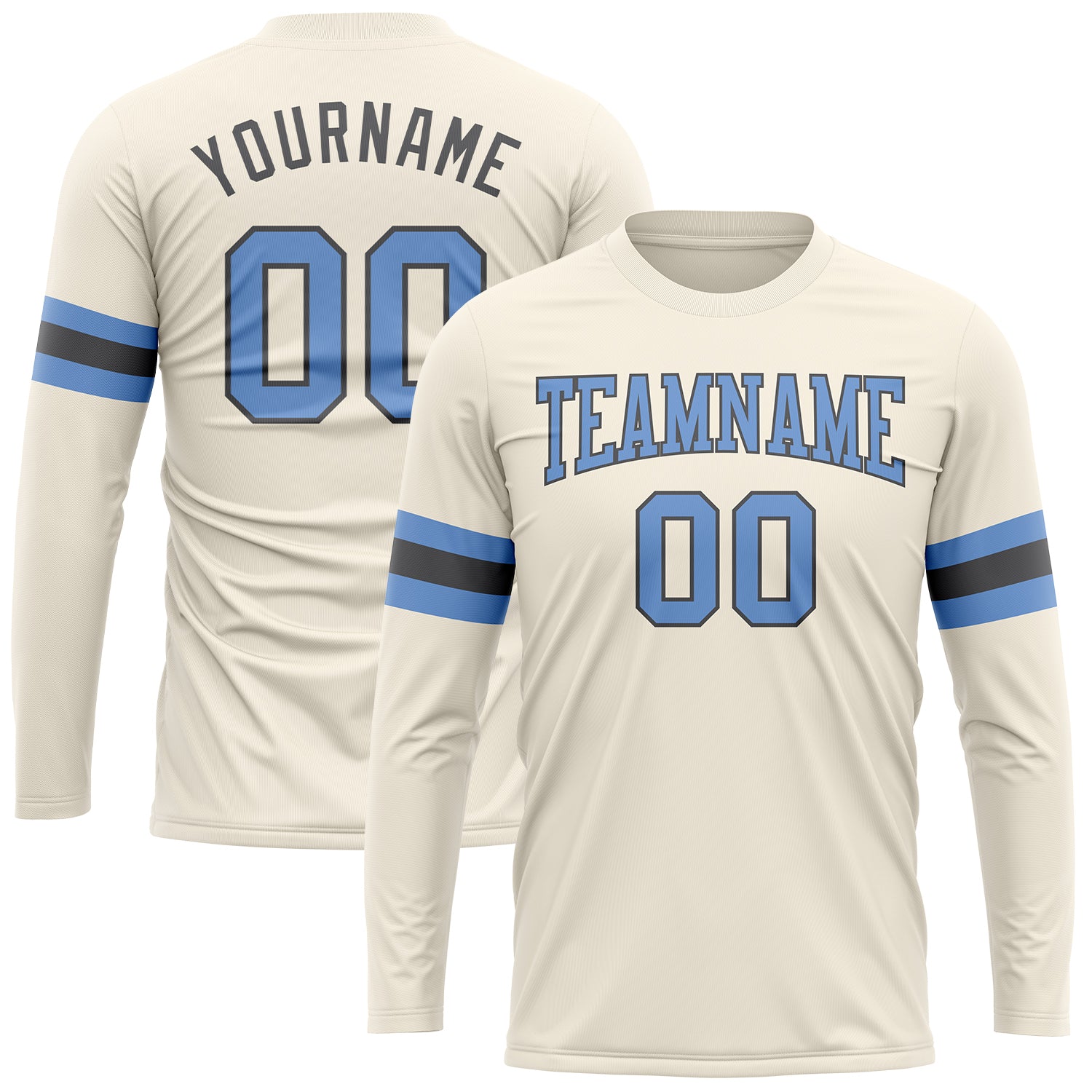 Custom Team Name and Number Performance T-Shirt in Cream, Light Blue, and Steel Gray - Long Sleeve Design Personalized Cream