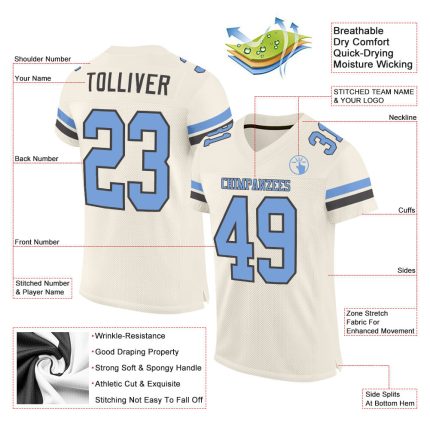 Personalized Light Blue and Steel Gray Mesh Football Jersey - Custom Team Apparel Personalized Cream Light Blue-Steel Gray