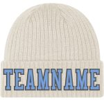 Custom Name and Number Knit Hat in Cream, Light Blue & Steel Gray - Personalized Stitched Cuffed Beanie Personalized Cream