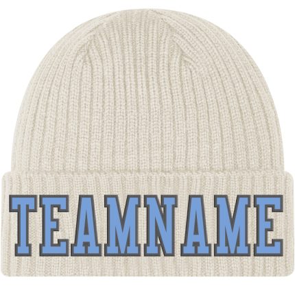 Custom Name and Number Knit Hat in Cream, Light Blue & Steel Gray - Personalized Stitched Cuffed Beanie Personalized Cream