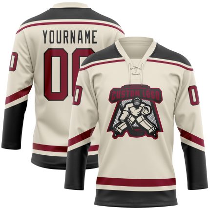 Personalized Maroon and Black Hockey Jersey with Lace Neck - Customizable Sports Apparel Personalized Cream Maroon-Black