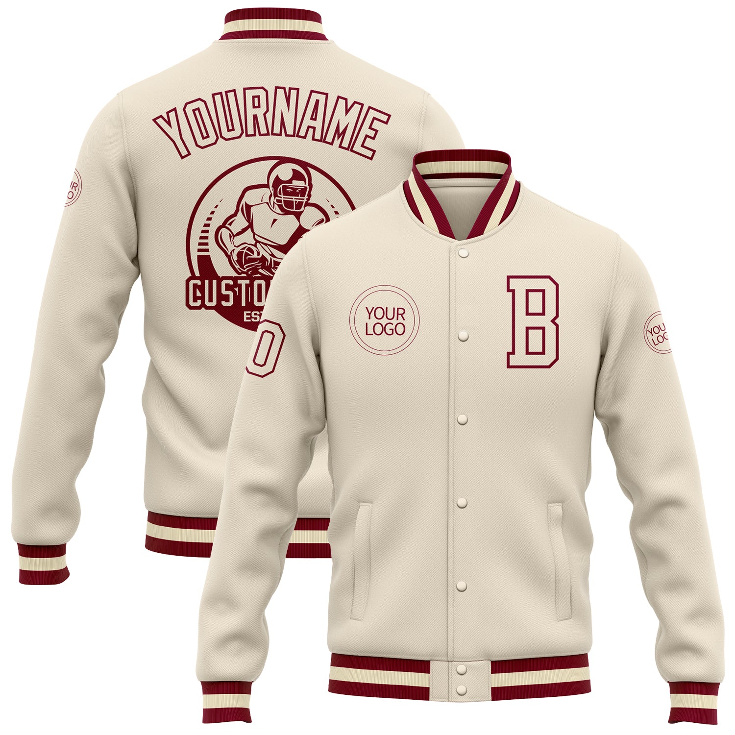 Custom Name & Number Personalized Maroon Bomber Full-Snap Varsity Jacket - Cream Team Letterman Jacket Personalized Cream
