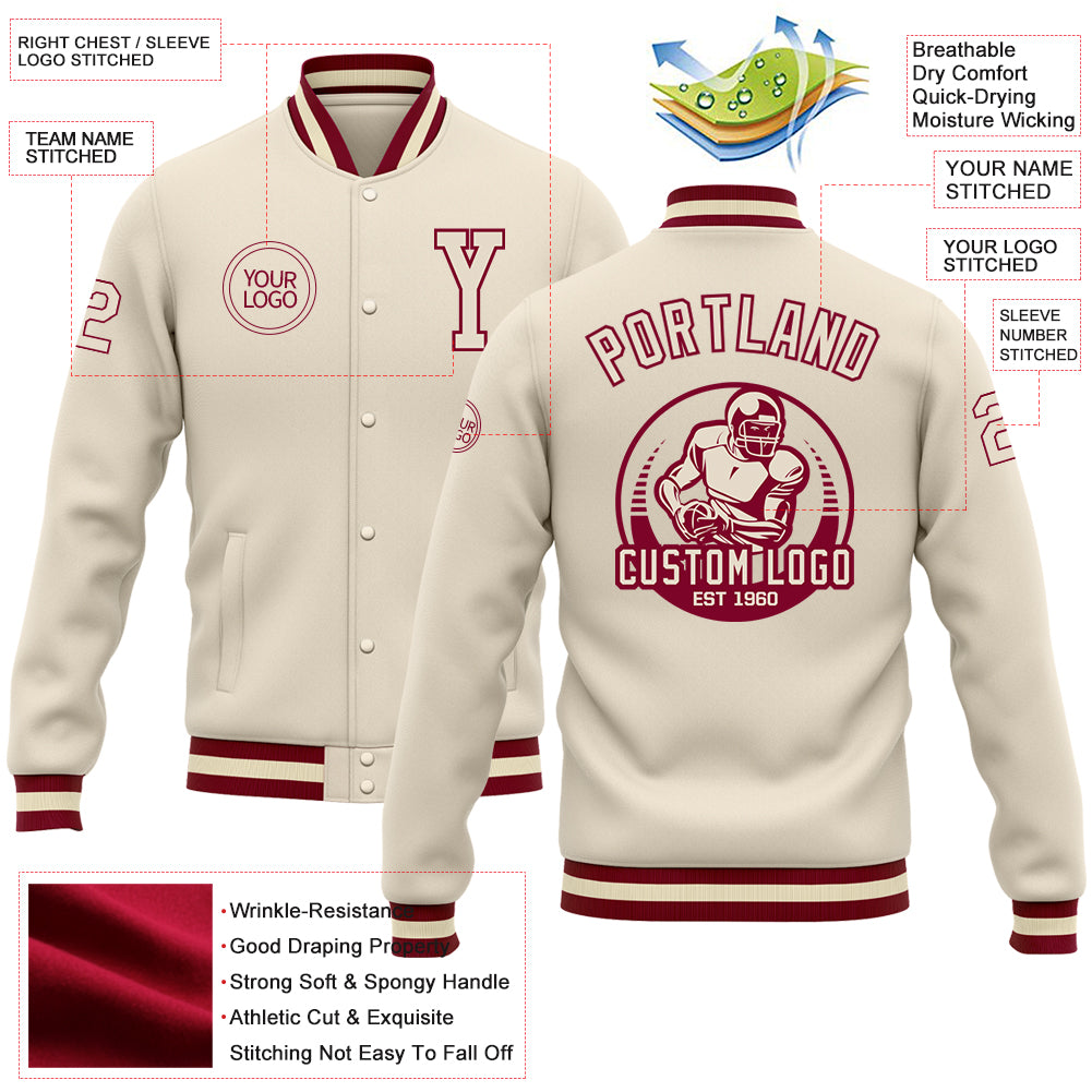 Personalized Cream Maroon Bomber Full-Snap Varsity Letterman Jacket Team Custom Name and Number Custom Name & Number Personalized Maroon Bomber Full-Snap Varsity Jacket - Cream Team Letterman Jacket Personalized Cream - Image 3