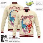 Personalized Maroon Skull 3D Bomber Varsity Letterman Jacket, Stylish Full-Snap Fashion Outerwear Personalized Cream Maroon