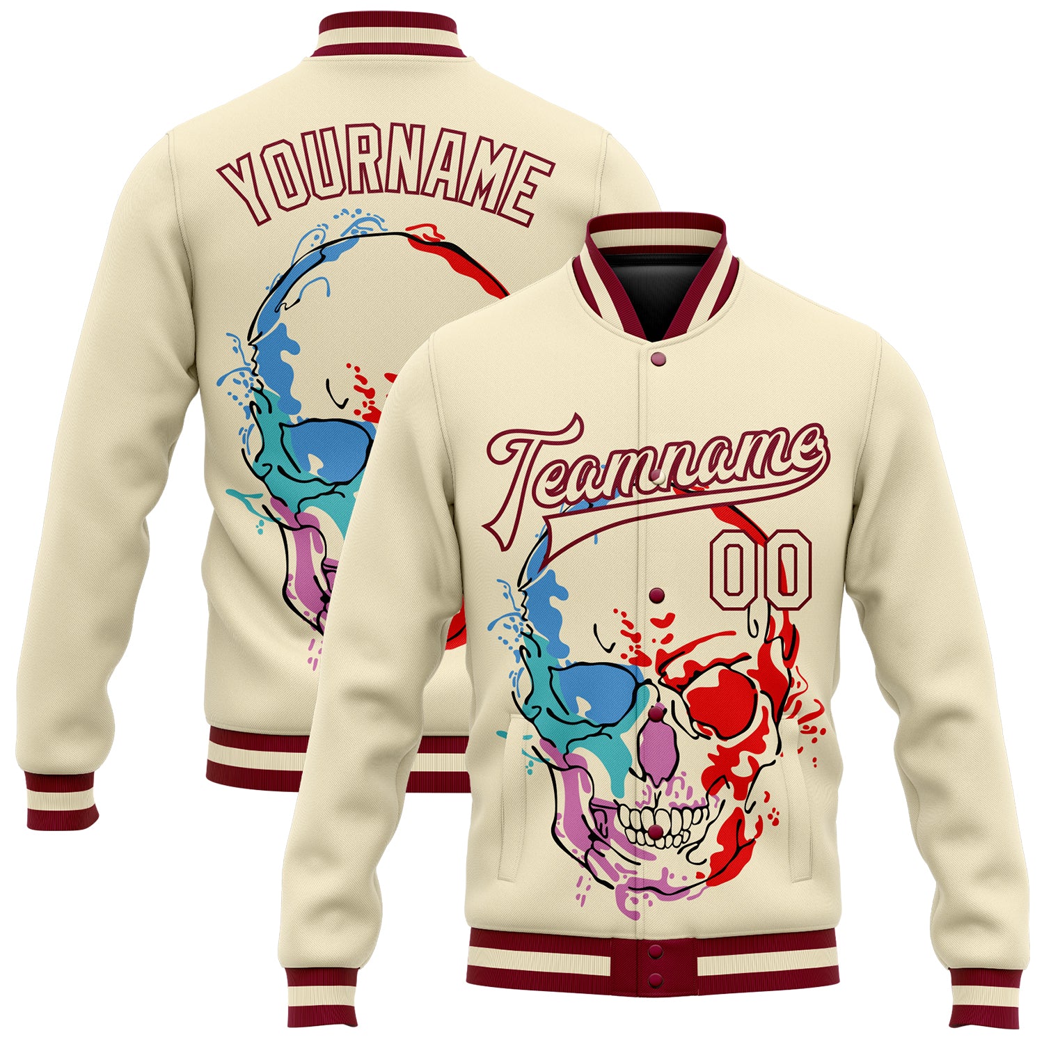 Personalized Maroon Skull 3D Bomber Varsity Letterman Jacket, Stylish Full-Snap Fashion Outerwear Personalized Cream Maroon