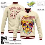 Custom Maroon Skull 3D Bomber Jacket for Men, Fashion Full-Snap Varsity Letterman Style Personalized Cream Maroon Skull Fashion