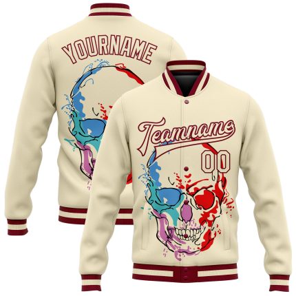 Personalized Maroon Skull 3D Bomber Varsity Letterman Jacket for Fashion Enthusiasts Personalized Cream Maroon Skull Fashion