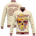 Custom Maroon Skull 3D Bomber Jacket for Men, Fashion Full-Snap Varsity Letterman Style Personalized Cream Maroon Skull Fashion