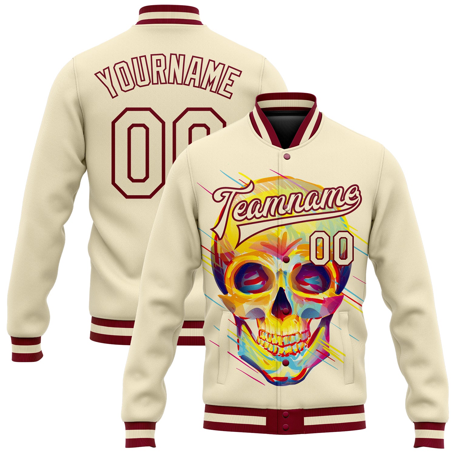 Custom Maroon Skull 3D Bomber Jacket for Men, Fashion Full-Snap Varsity Letterman Style Personalized Cream Maroon Skull Fashion