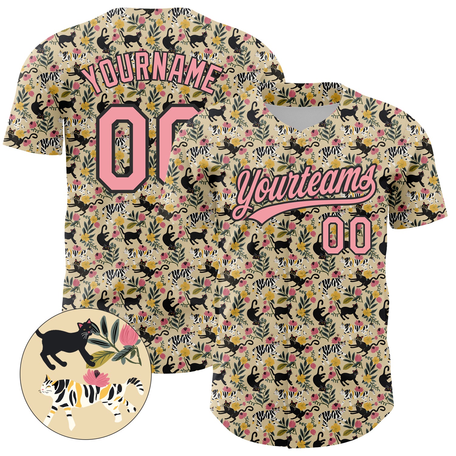 Personalized Animal Cat Baseball Jersey Custom Name Number 3D Pink Black Design - Medium Cream Team Apparel Personalized