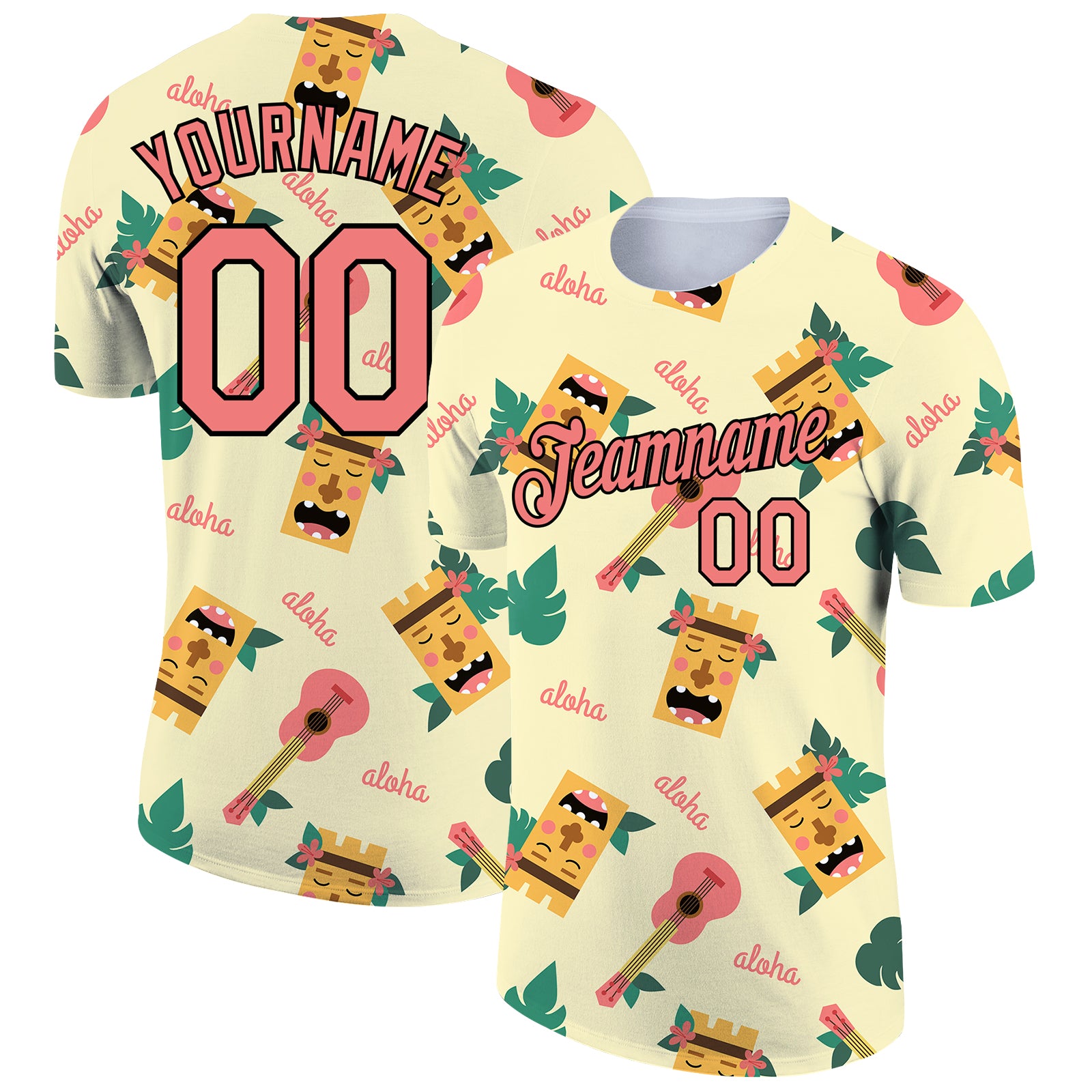 Custom Name and Number 3D Pattern T-Shirt for Hawaii Summer Party, Medium Cream Pink-Black Design, Team Performance Wear