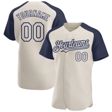 Custom Name and Number Baseball Jersey - Personalized Cream Navy Authentic Raglan Sleeves Personalized Cream Navy Authentic