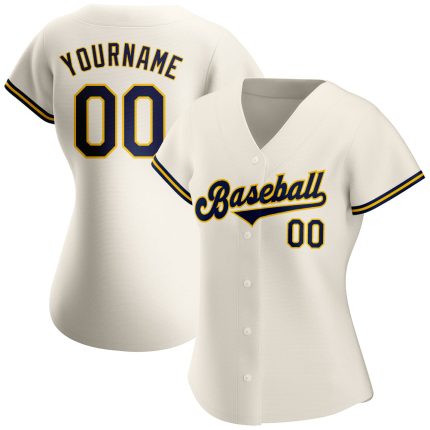 Personalized Navy Gold Cream Baseball Jersey - Custom Authentic Jersey Personalized Cream Navy-Gold Authentic Baseball Jersey