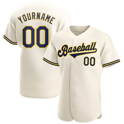 Personalized Navy Gold Cream Baseball Jersey - Custom Authentic Jersey Personalized Cream Navy-Gold Authentic Baseball Jersey