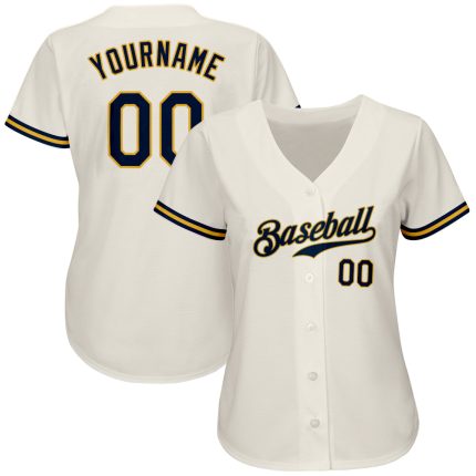 Custom Name and Number Authentic Baseball Jersey - Personalized Cream Navy-Gold Team Jersey Personalized Cream Navy-Gold