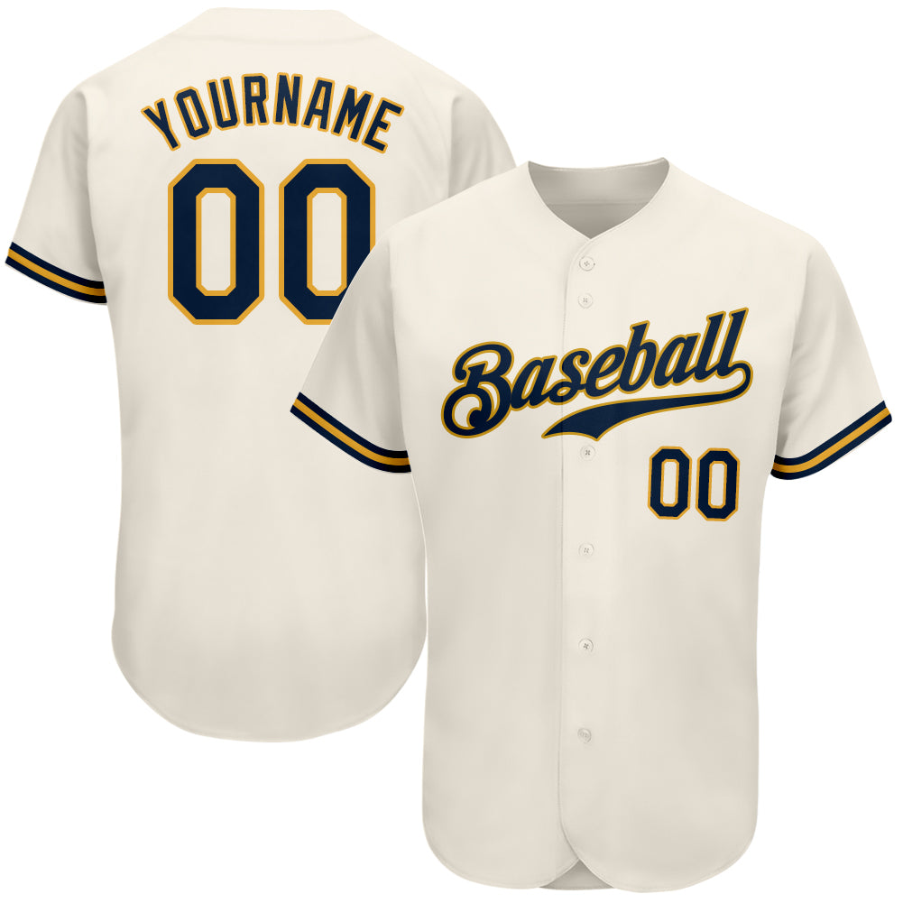 Custom Name and Number Authentic Baseball Jersey - Personalized Cream Navy-Gold Team Jersey Personalized Cream Navy-Gold