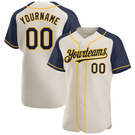 Custom Navy Gold Baseball Jersey with Personalized Name and Number - Authentic Raglan Sleeves Team Gear Personalized Cream