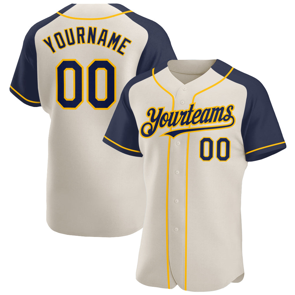 Custom Navy Gold Baseball Jersey with Personalized Name and Number - Authentic Raglan Sleeves Team Gear Personalized Cream