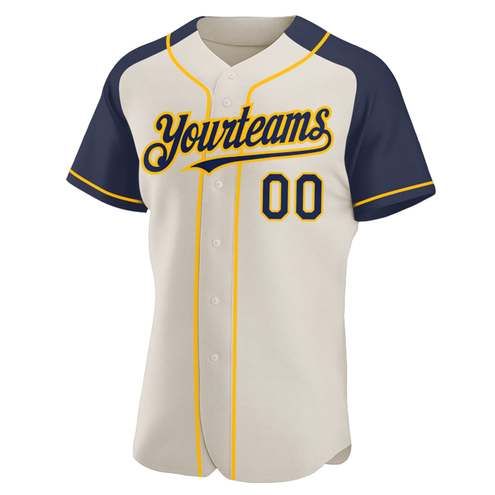 Personalized Cream Navy-Gold Authentic Raglan Sleeves Baseball Jersey Team Custom Name and Number Custom Navy Gold Baseball Jersey with Personalized Name and Number - Authentic Raglan Sleeves Team Gear Personalized Cream - Image 2