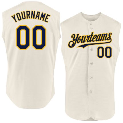 Personalized Navy-Gold Authentic Sleeveless Baseball Jersey - Custom Cream Design Personalized Cream Navy-Gold Authentic